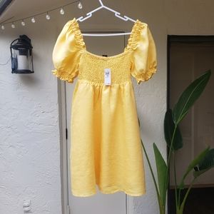 New House of Harlow Puff Sleeve Linen Sunset Gold Mini Dress XS